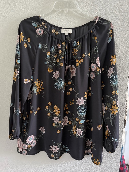 LOFT Tops - LOFT Black Floral Tie-Neck Blouse